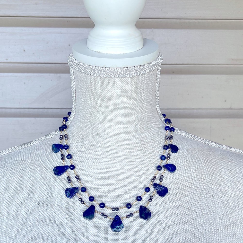 Pretty Goldtone Two-Strand Beaded Necklace with Blue Stones and Beads